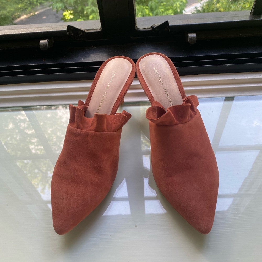 Loeffler Randall Terracotta Suede Mules with Ruffle size 6